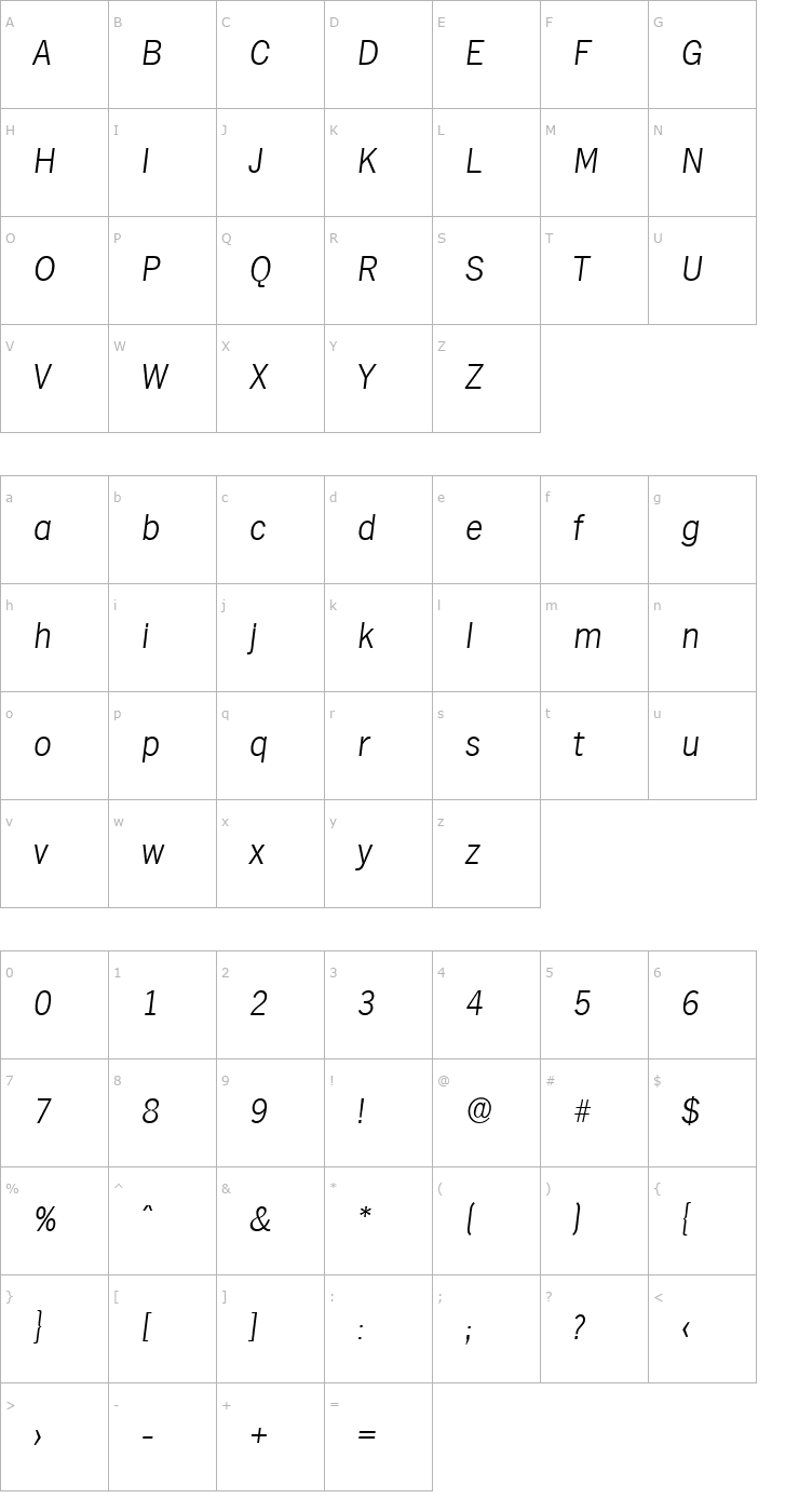Character Map StephenBecker-ExtraLight Italic Font