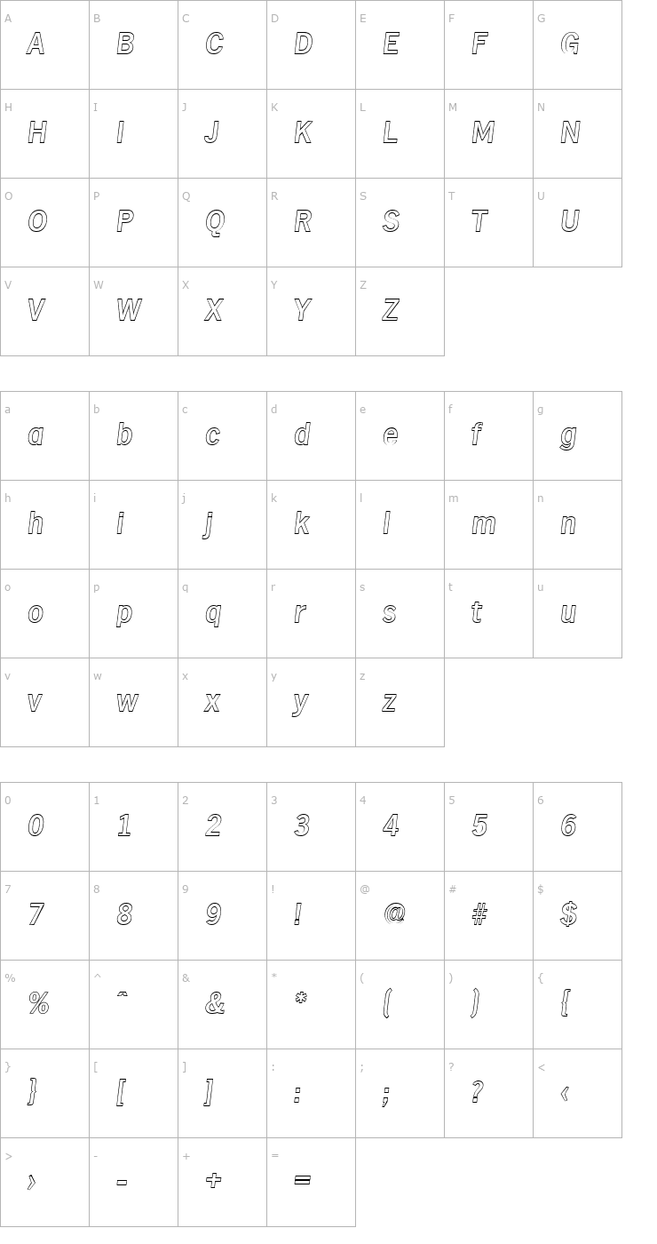 Character Map StephenBeckerOutline-Medium-Italic Font