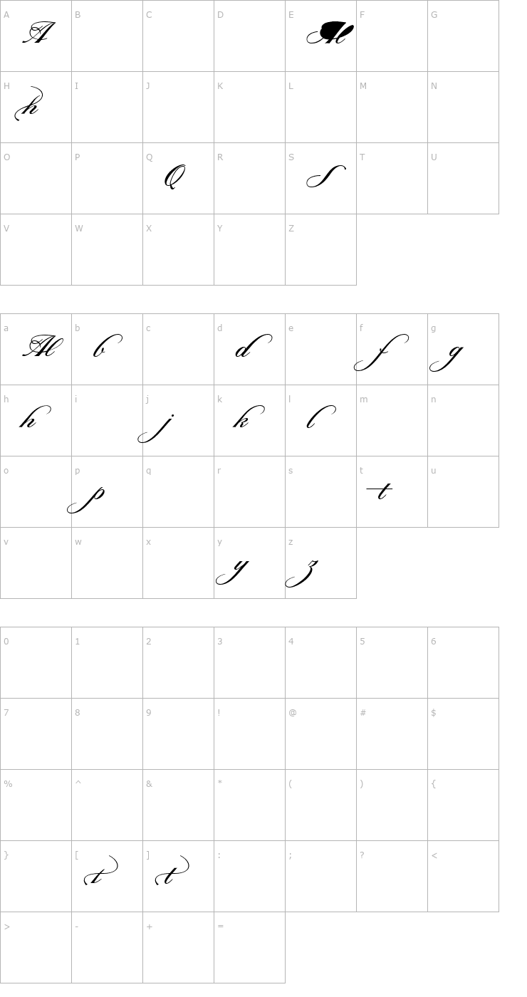 Character Map Sterling Script Swash Alts Font