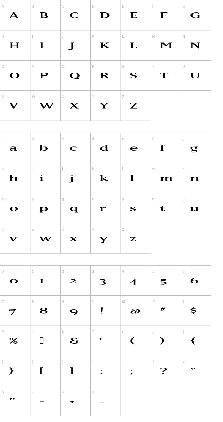 Character Map STICadillacWide Font