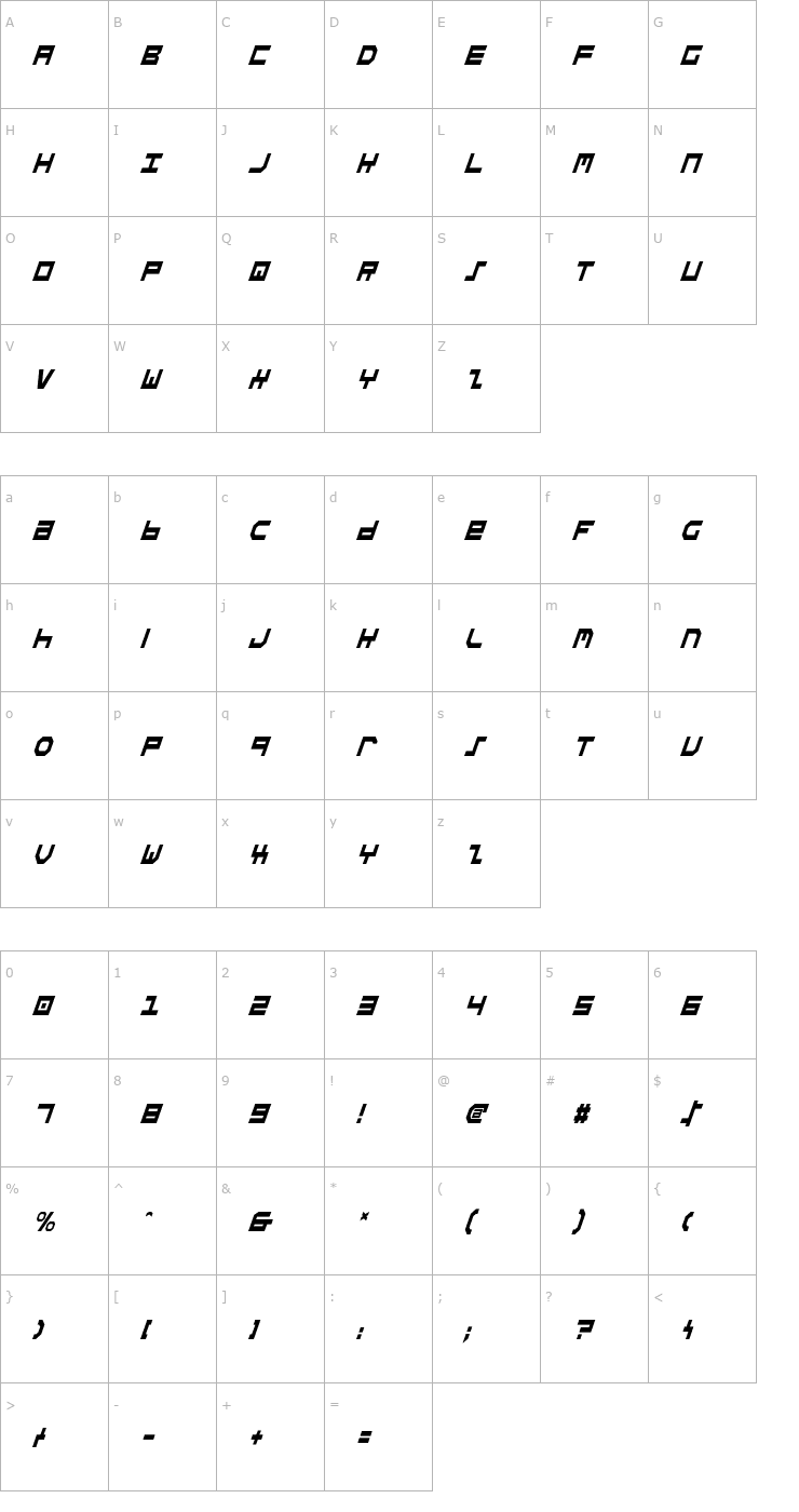 Character Map Stuntman Condensed Italic Font