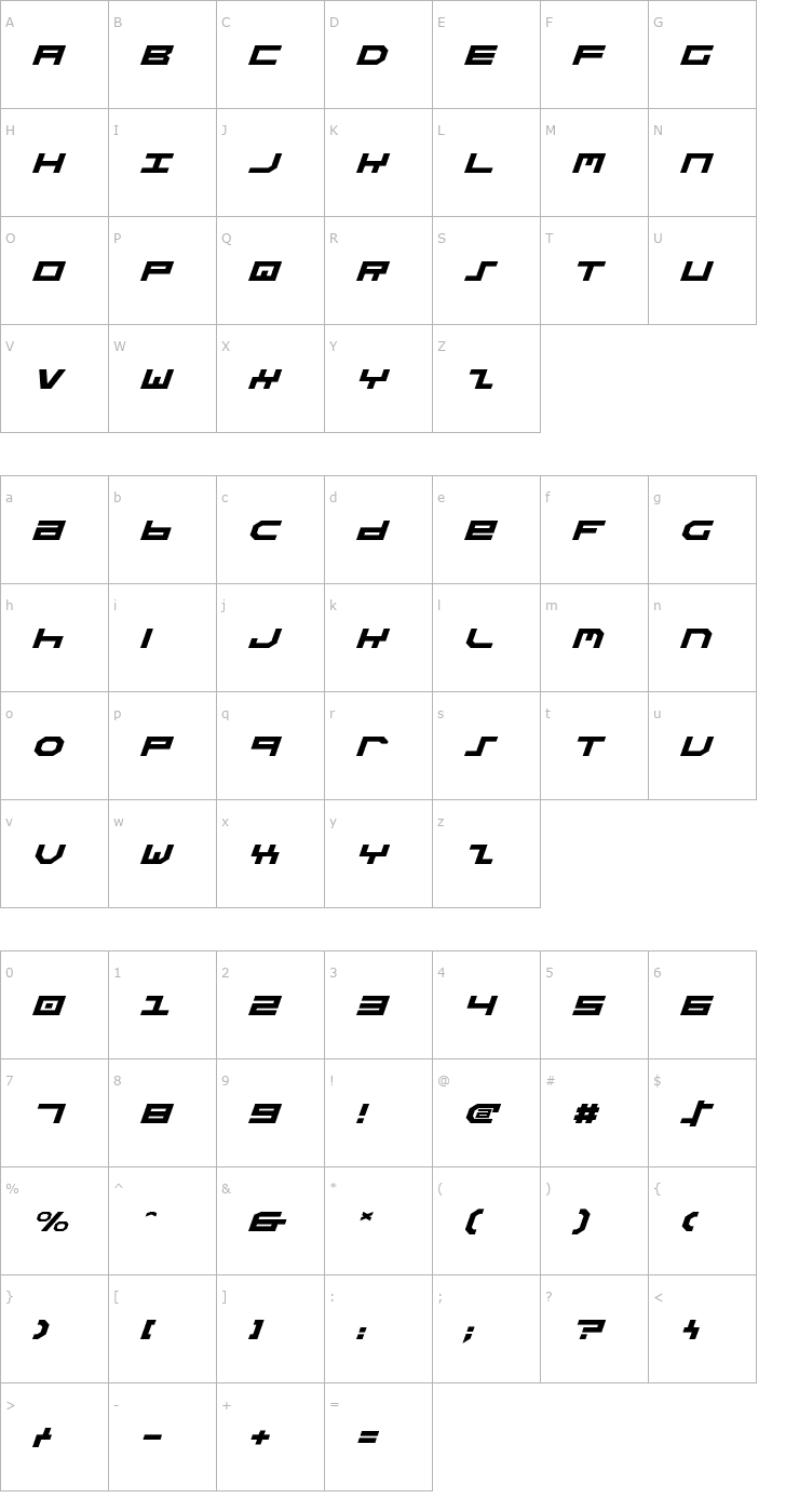 Character Map Stuntman Expanded Italic Font