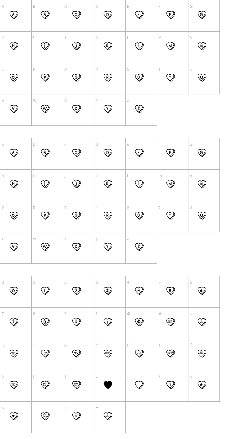 Character Map Sweat Hearts BV Font