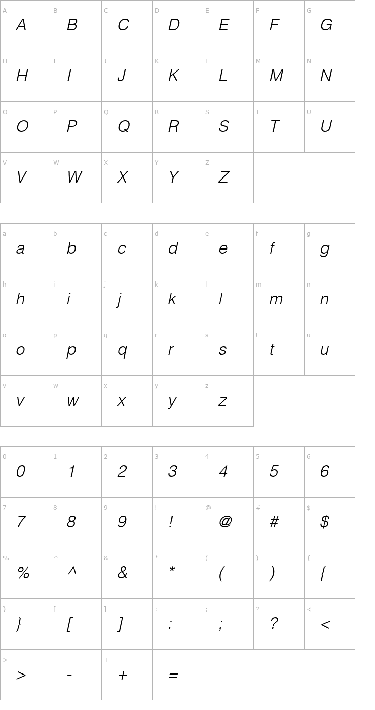 Character Map Switzerland Light Italic Font