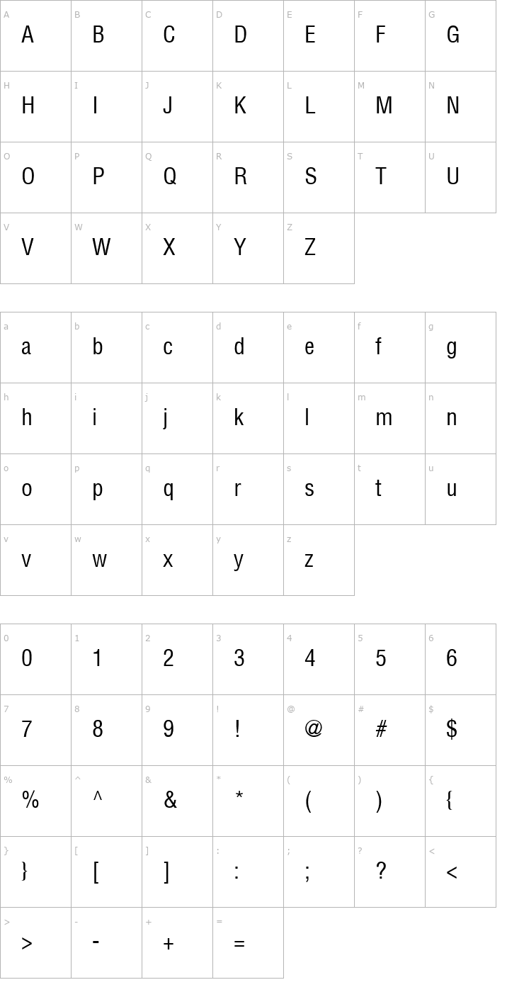 Character Map SwitzerlandCondensed Font