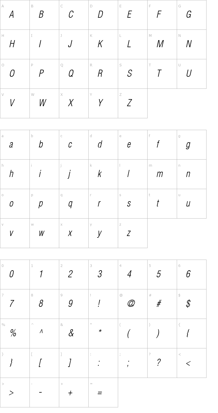 Character Map SwitzerlandCondLight Italic Font