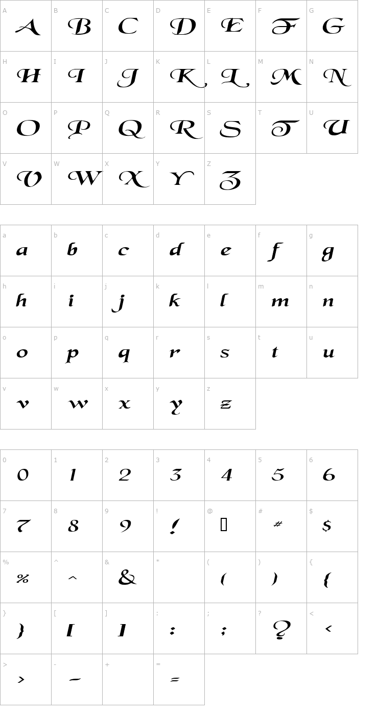 Character Map SwordsmanExtended Italic Font