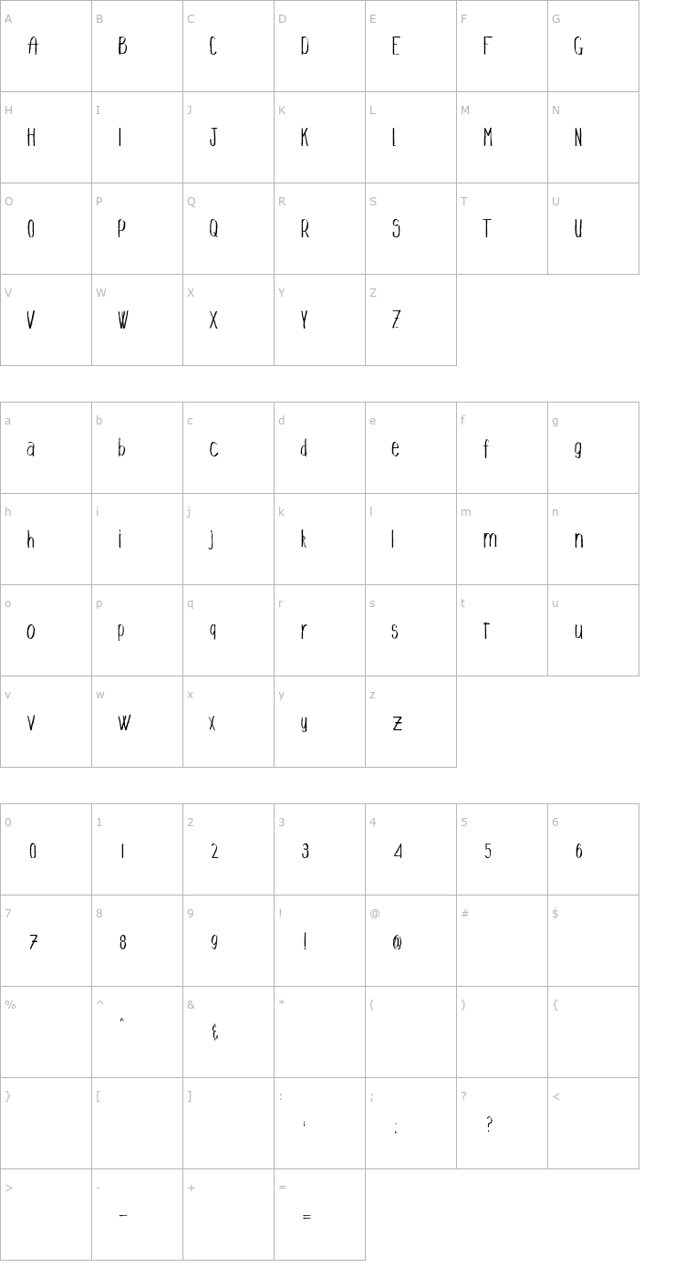 Character Map Tall Drink Font