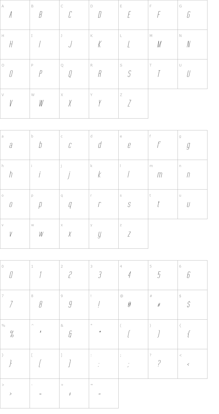 Character Map Tall Films Expanded Oblique Font