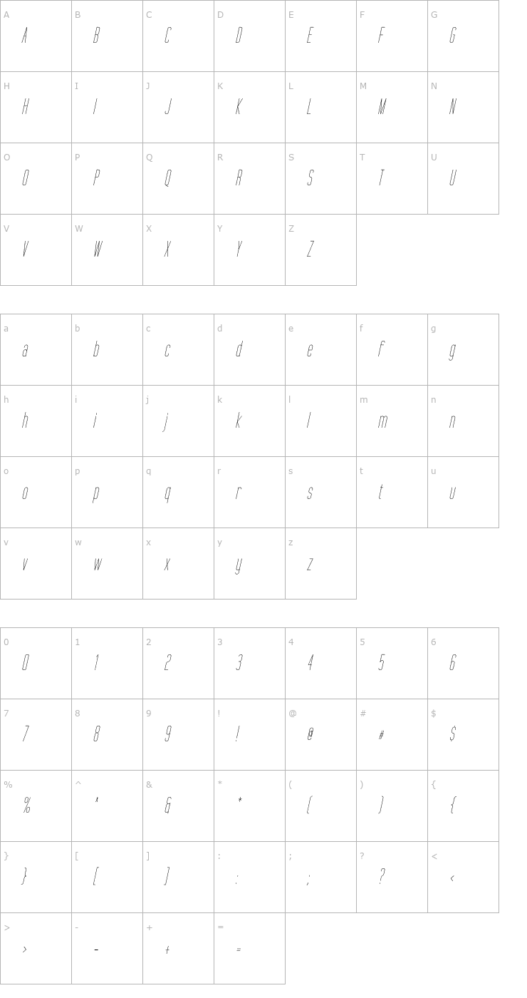 Character Map Tall Films Oblique Font