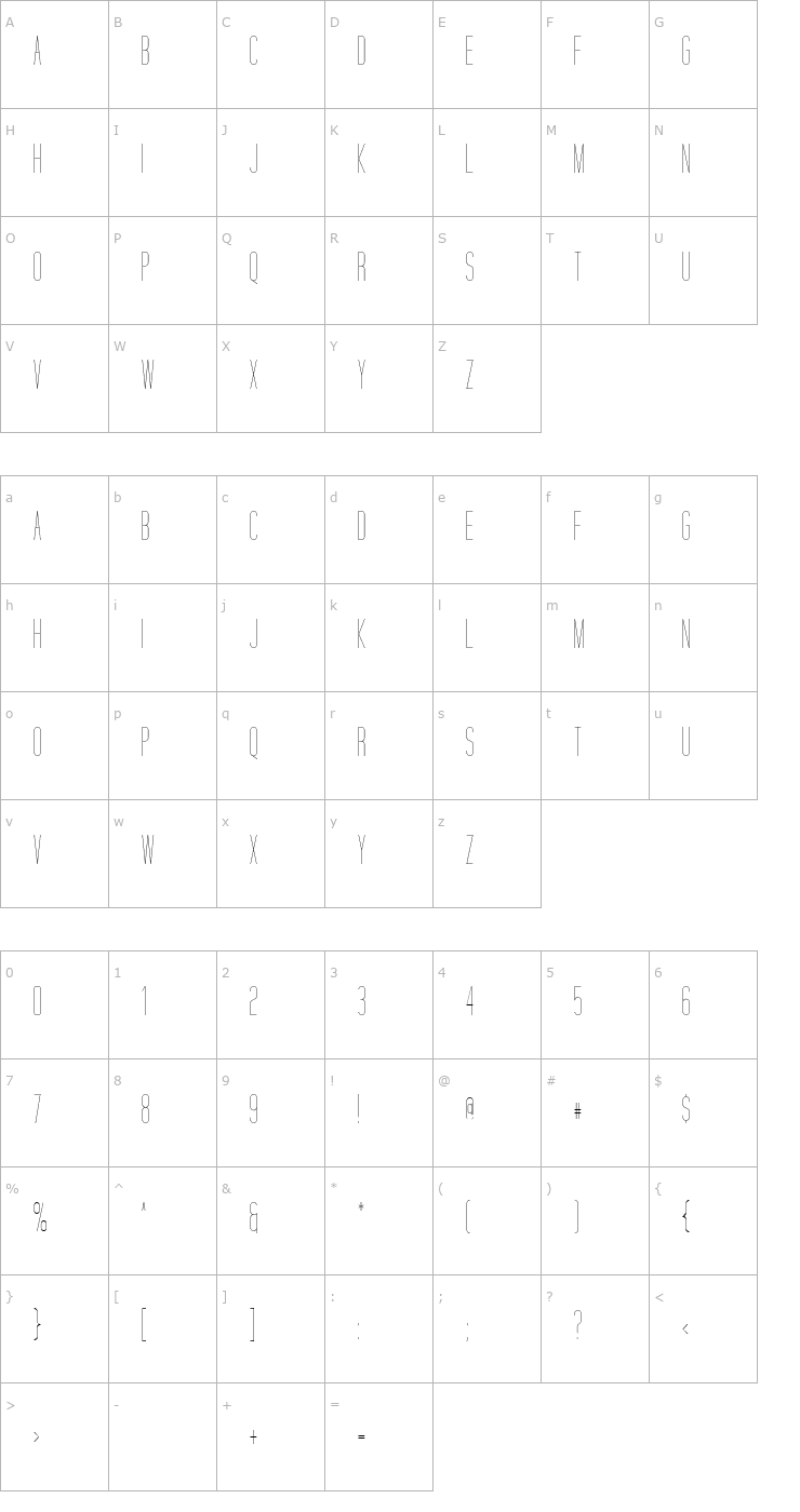 Character Map Tall Script Font