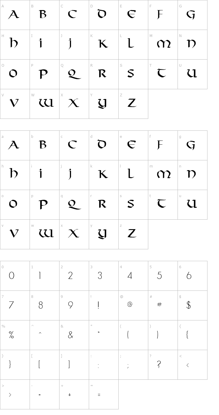 Character Map Tarantis Regular Font
