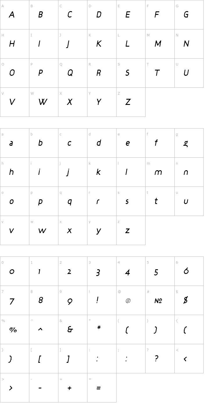 Character Map TargetLightItalic Font