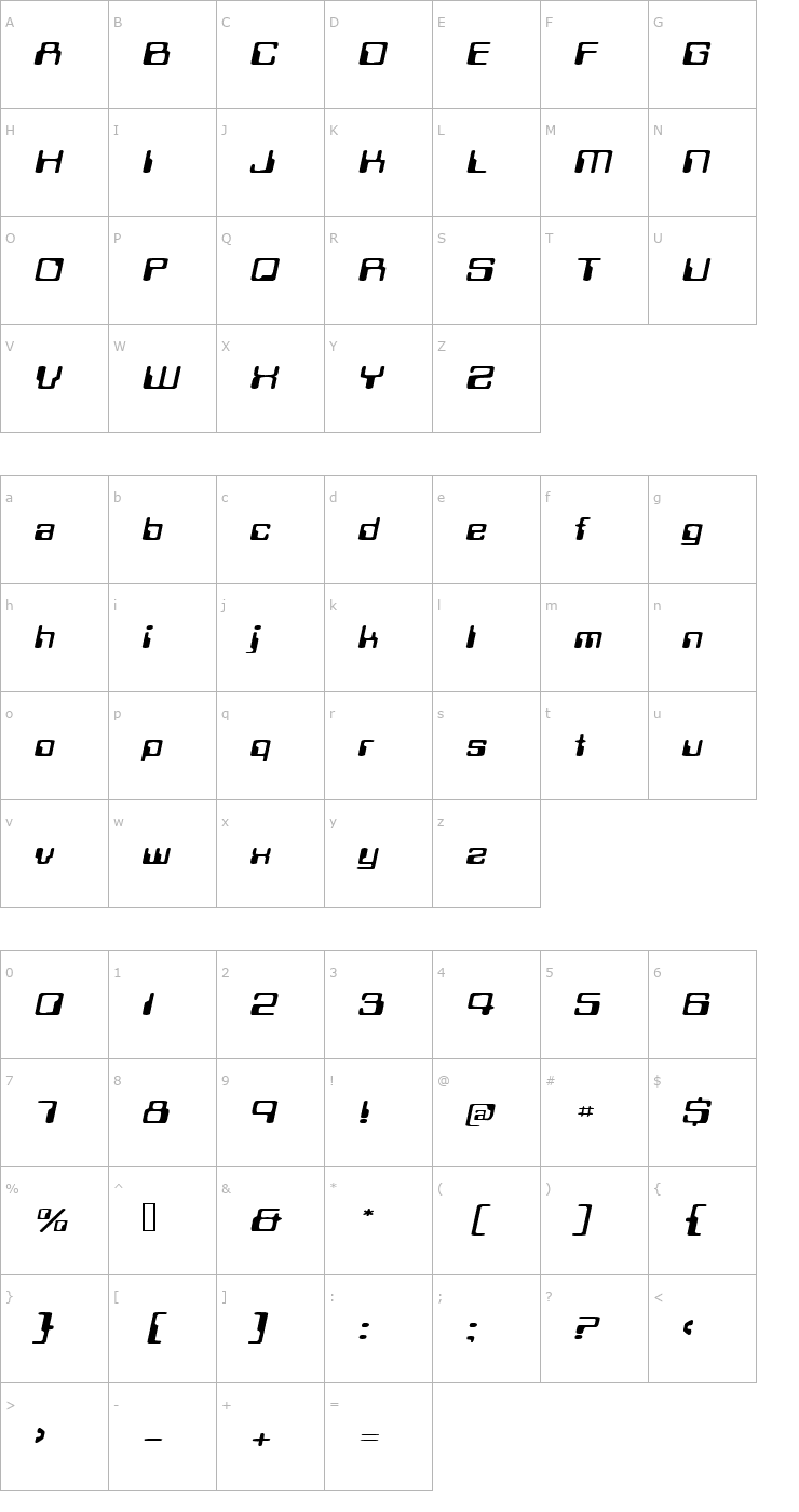 Character Map TechSchoolExtended Oblique Font