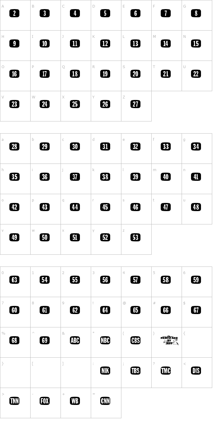 Character Map Tee Vee Set JL Font