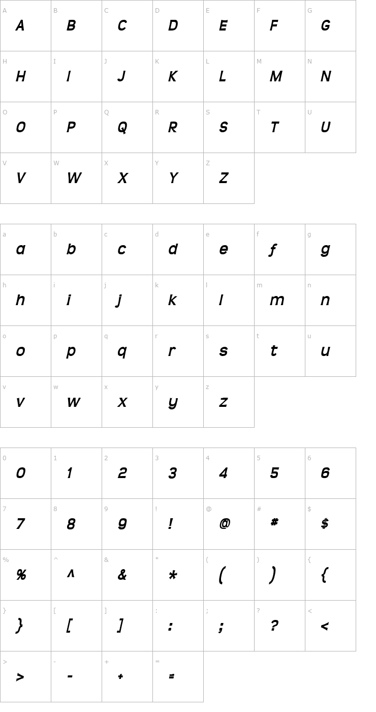 Character Map Teen bold Italic Font