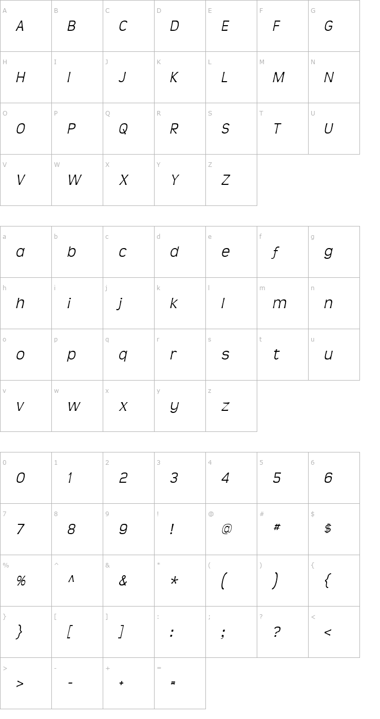 Character Map Teen Light Italic Font