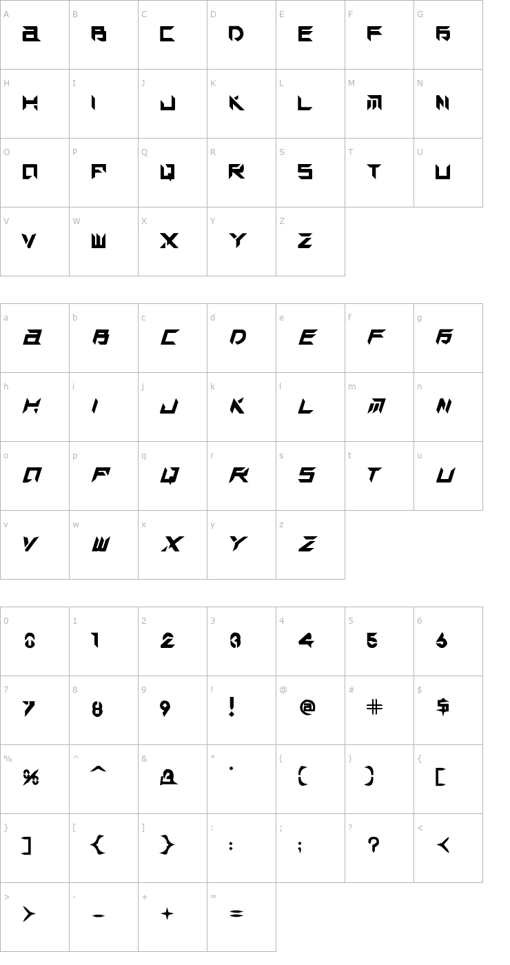 Character Map TEK HED AGGRESIVE Font