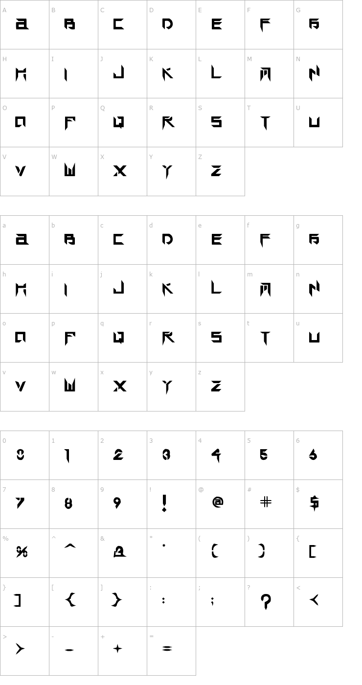 Character Map TEK HED ANGRY Font