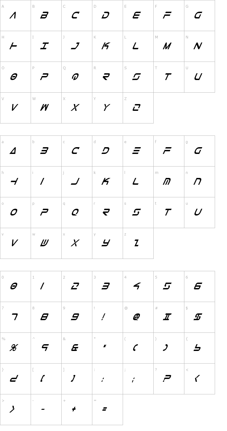 Character Map Tele-Marines Bold Condensed Italic Font