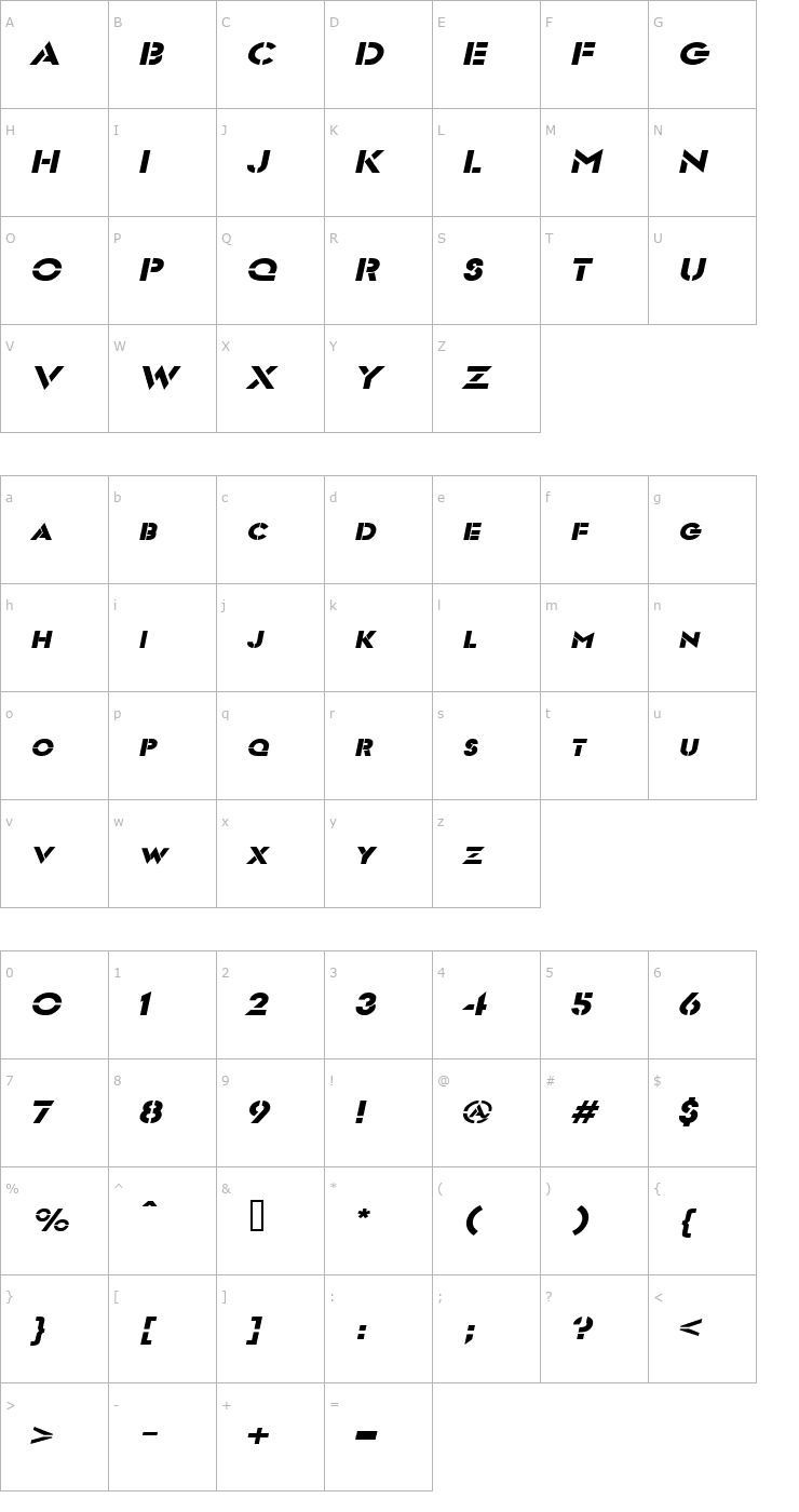 Character Map Templett Wide BoldItalic Font