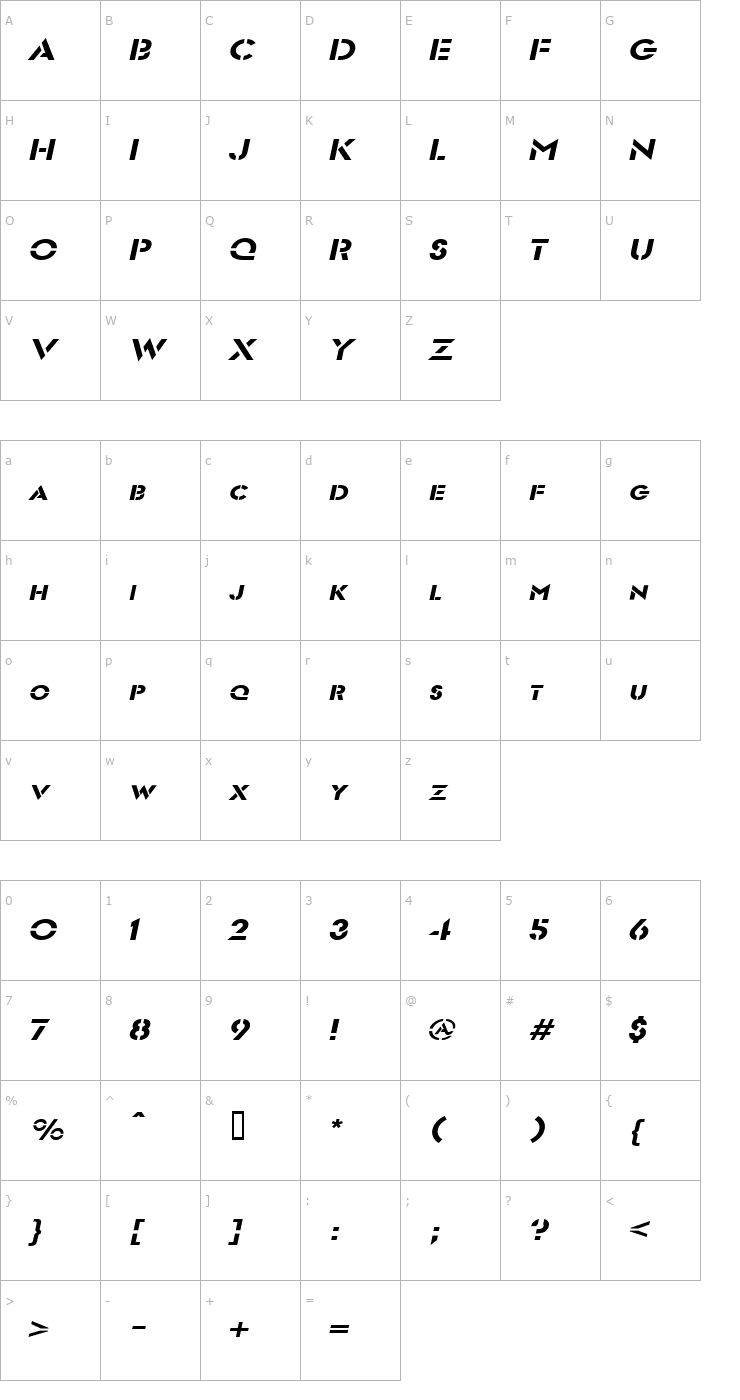 Character Map Templett Wide Italic Font