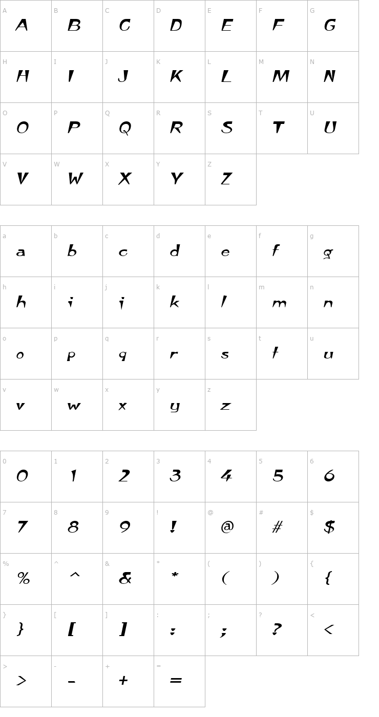 Character Map TempuraExpanded Italic Font