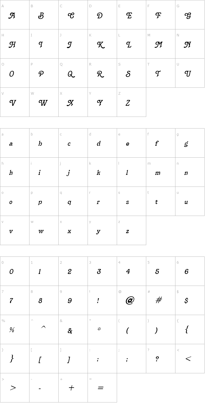 Character Map Terra Narrow Italic Font
