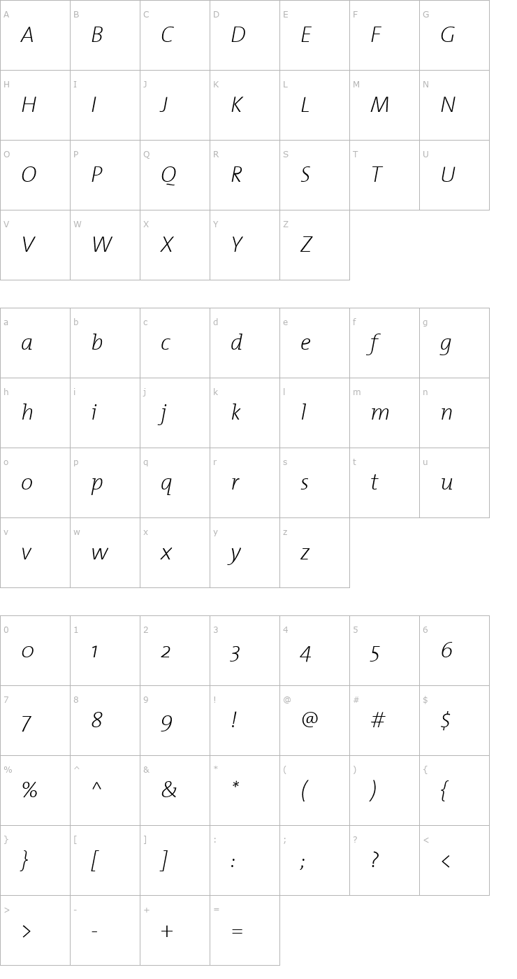 Character Map TheMix 2 ExtraLight Italic Font