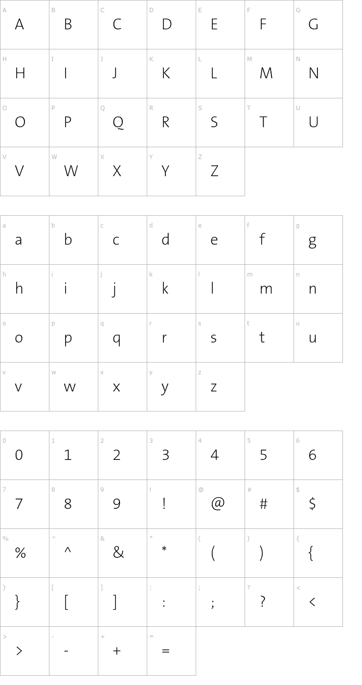 Character Map TheSans-B2ExtraLight Font