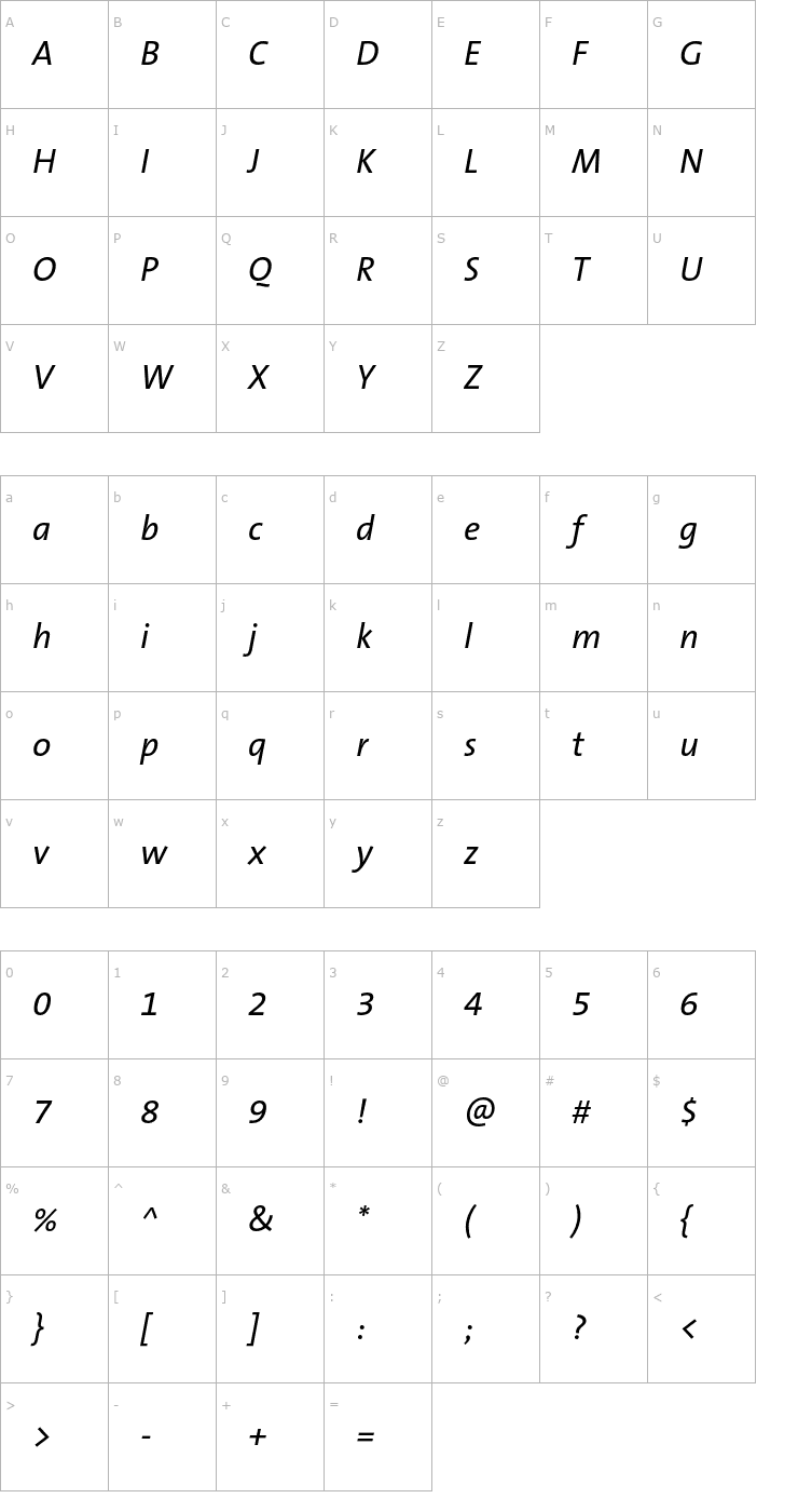 Character Map TheSans-B5PlainItalic Font