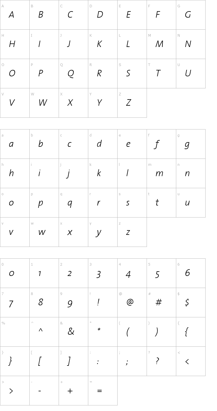 Character Map TheSans Light Italic Font