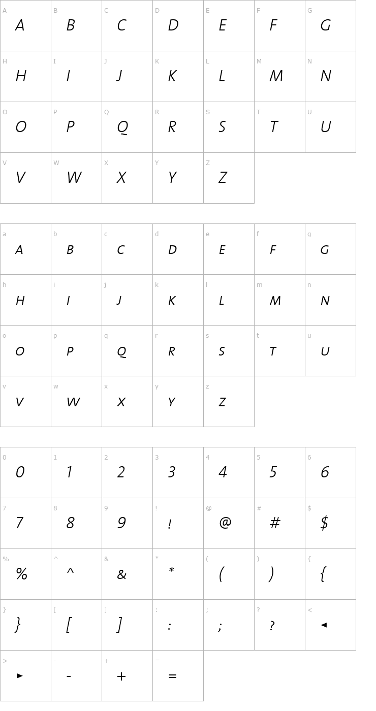 Character Map TheSansCaps-Light Italic Font