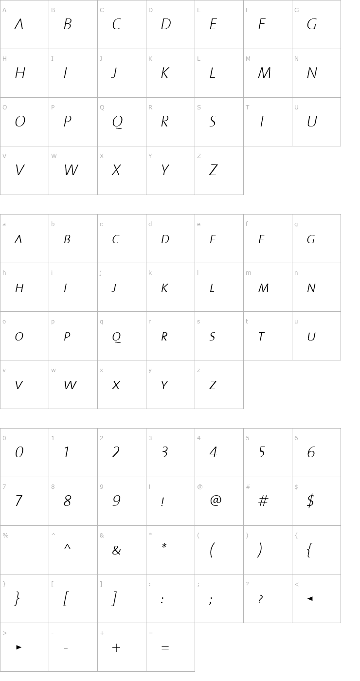 Character Map TheSansExtraLight Caps Italic Font