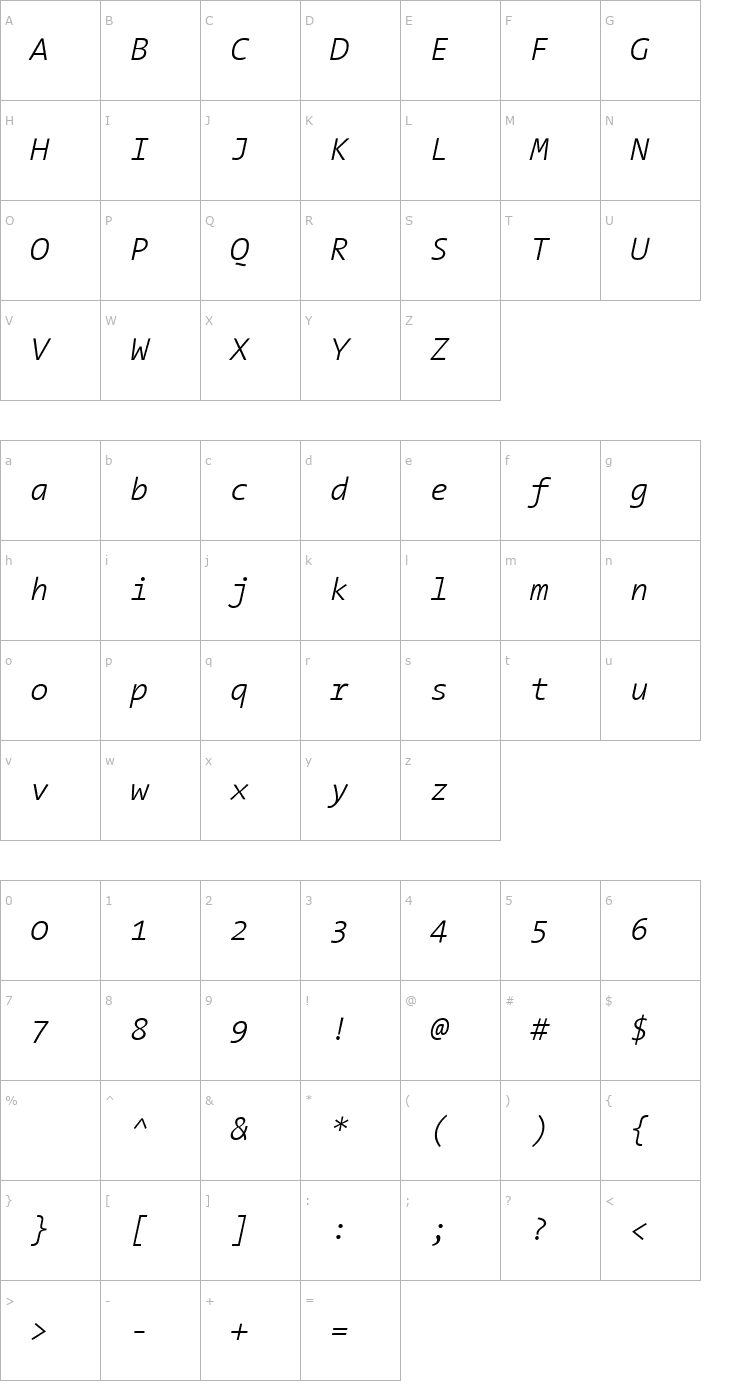 Character Map TheSansMono Light Italic Font
