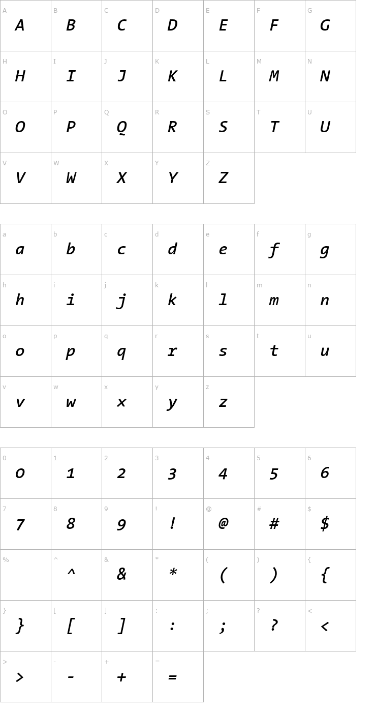 Character Map TheSansMono Semi Bold Italic Font