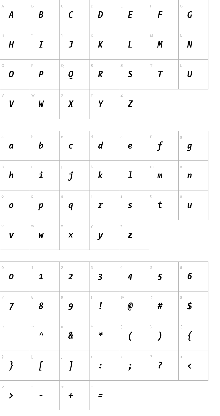 Character Map TheSansMonoCondensed Bold Italic Font