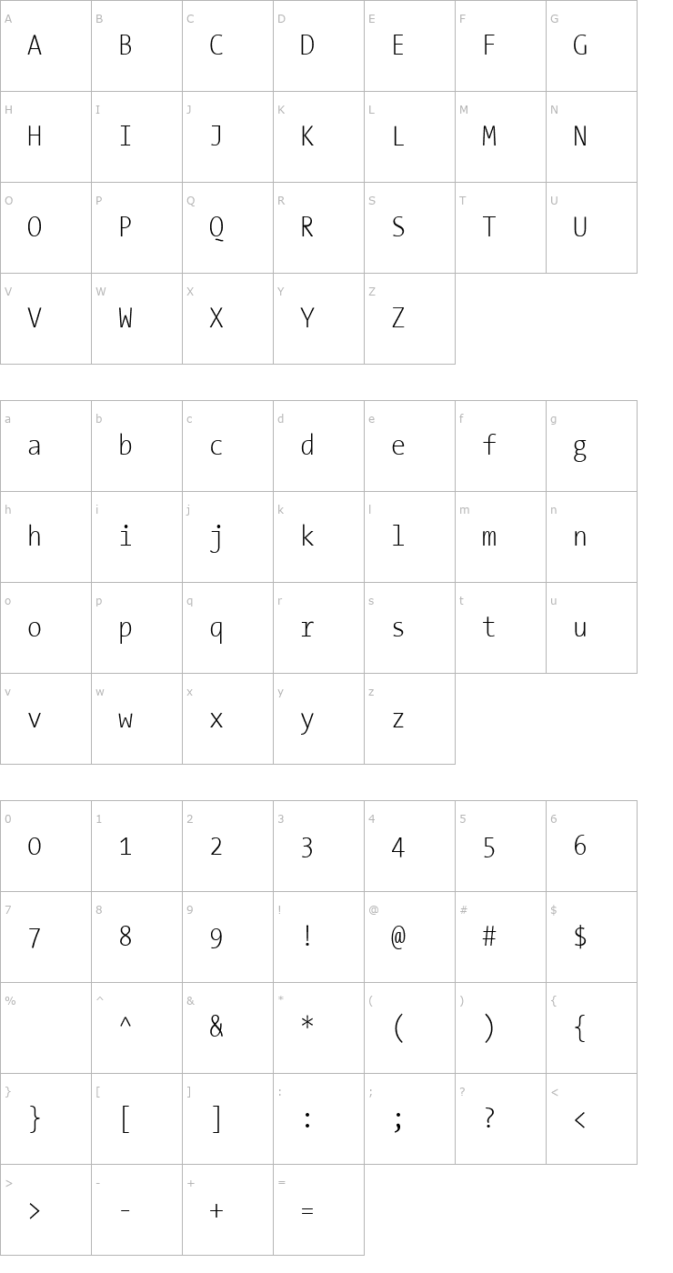 Character Map TheSansMonoCondensed Extra Light Font