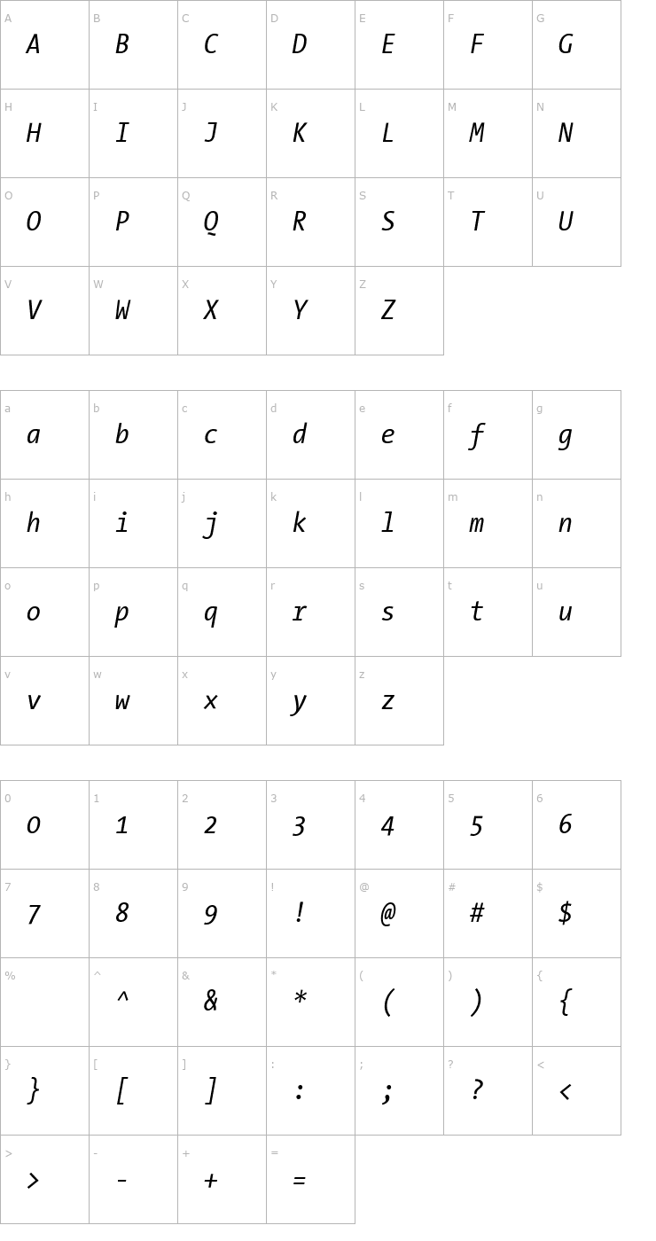 Character Map TheSansMonoCondensed Italic Font