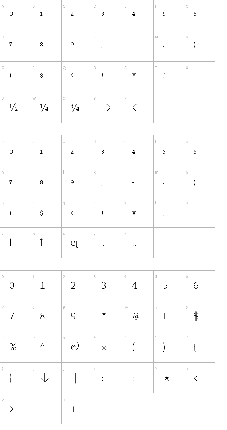 Character Map TheSerif ExtraLight Expert Font