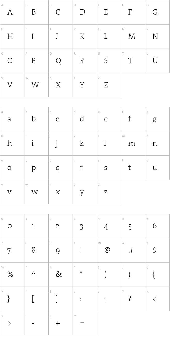 Character Map TheSerif ExtraLight Plain Font