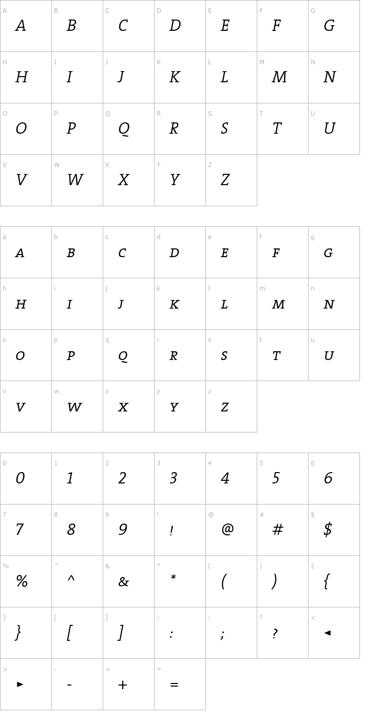 Character Map TheSerif SemiLight Caps Italic Font