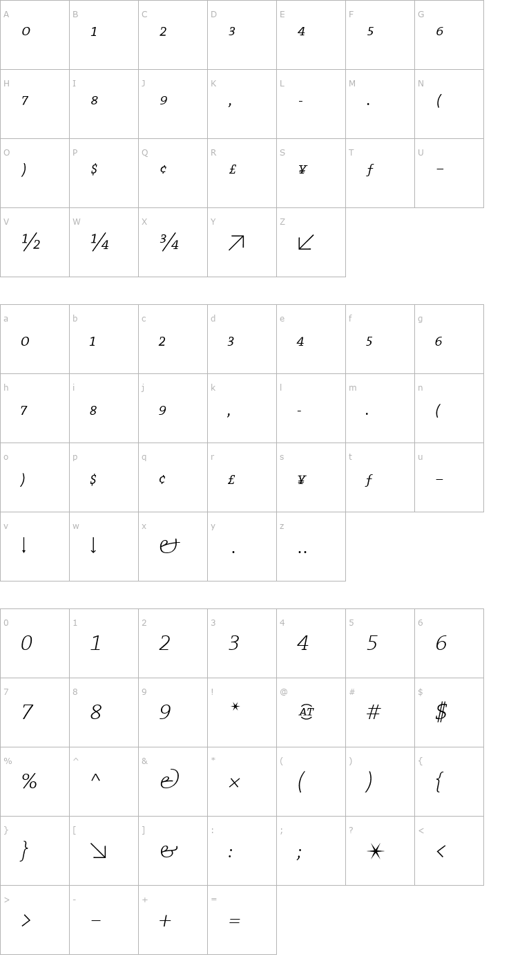 Character Map TheSerifExpert-ExtraLight Italic Font