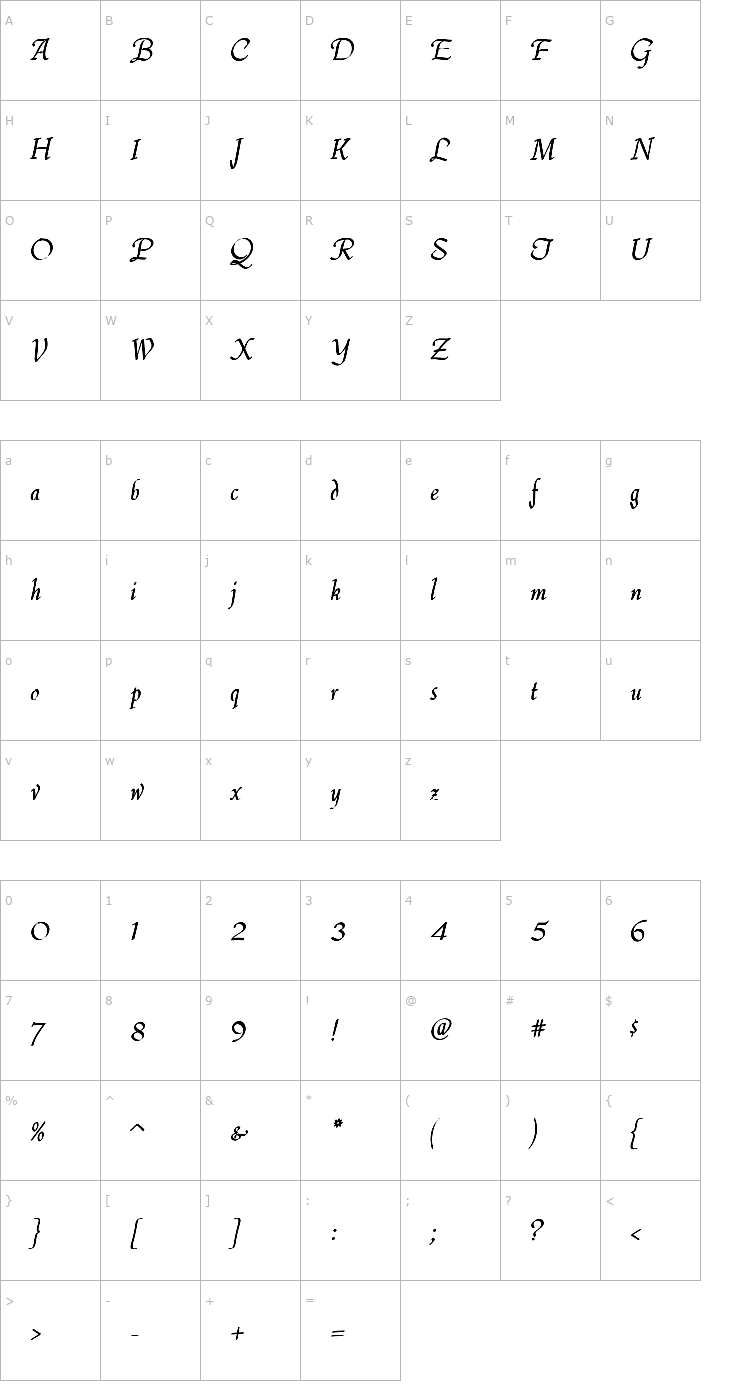Character Map ThompsonQuillscript Font