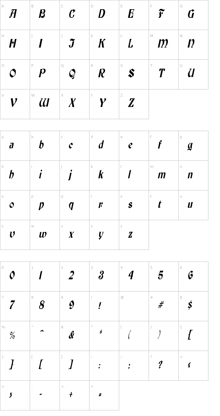 Character Map ThorntonCondensed Italic Font