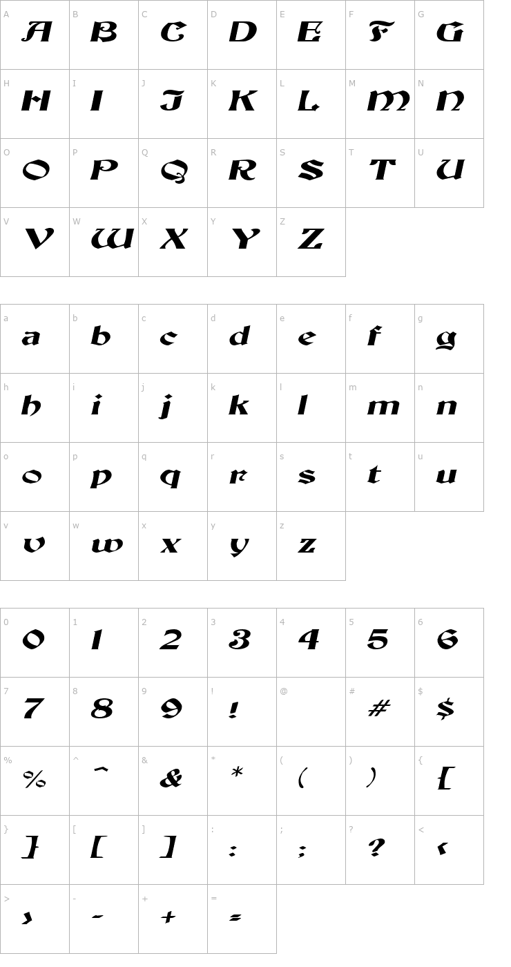 Character Map ThorntonExtended Italic Font