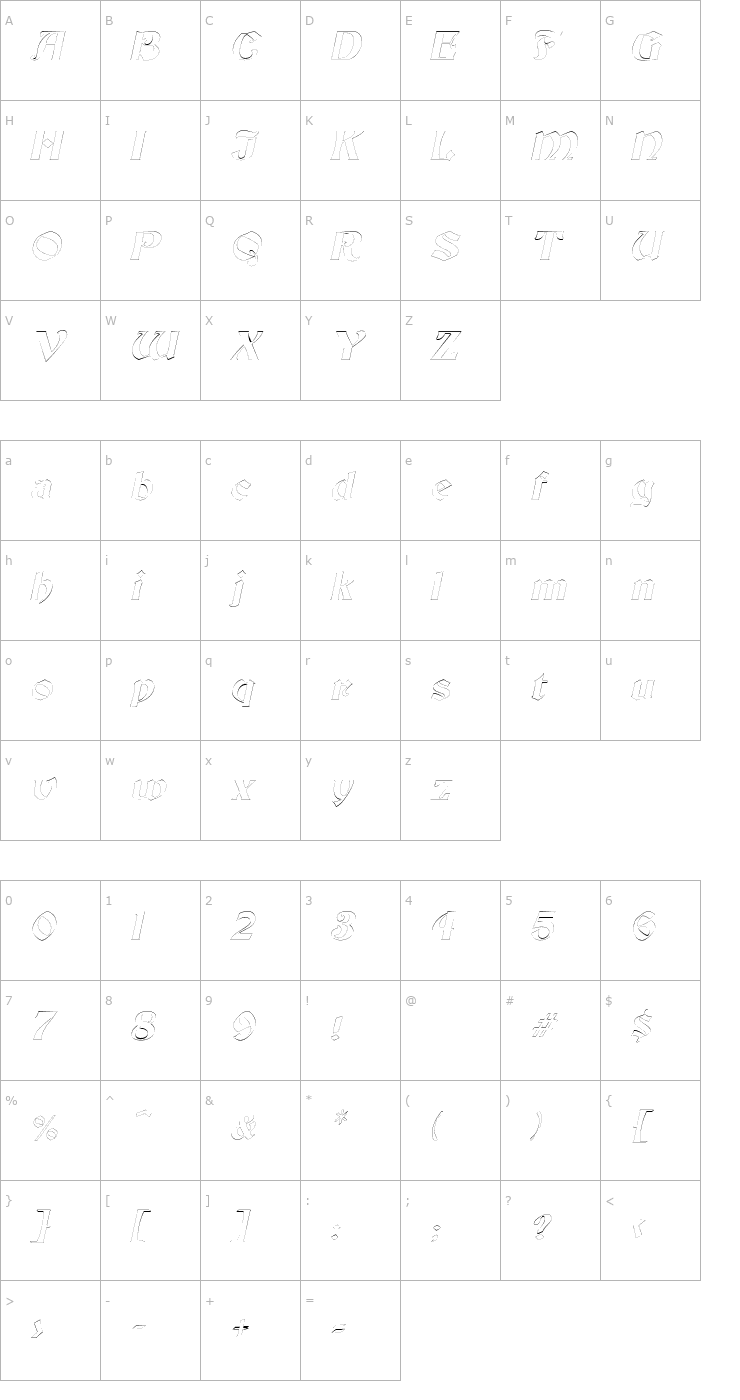 Character Map ThorntonOutline Italic Font