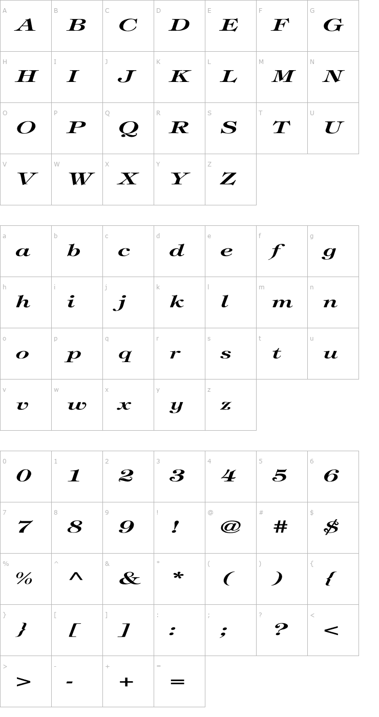 Character Map Tiffany-BoldItalic Ex Font