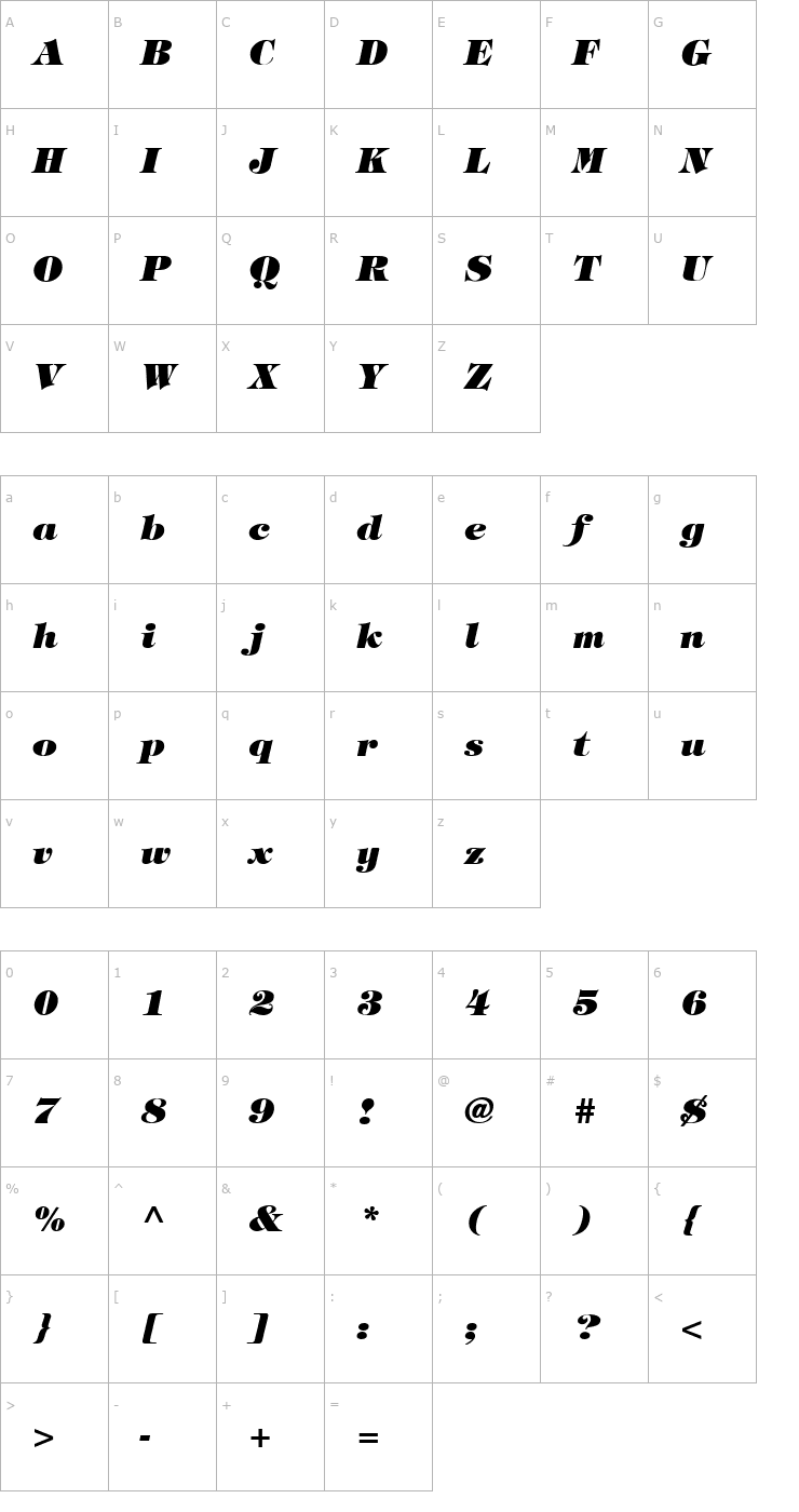 Character Map Tiffany Heavy Italic Font