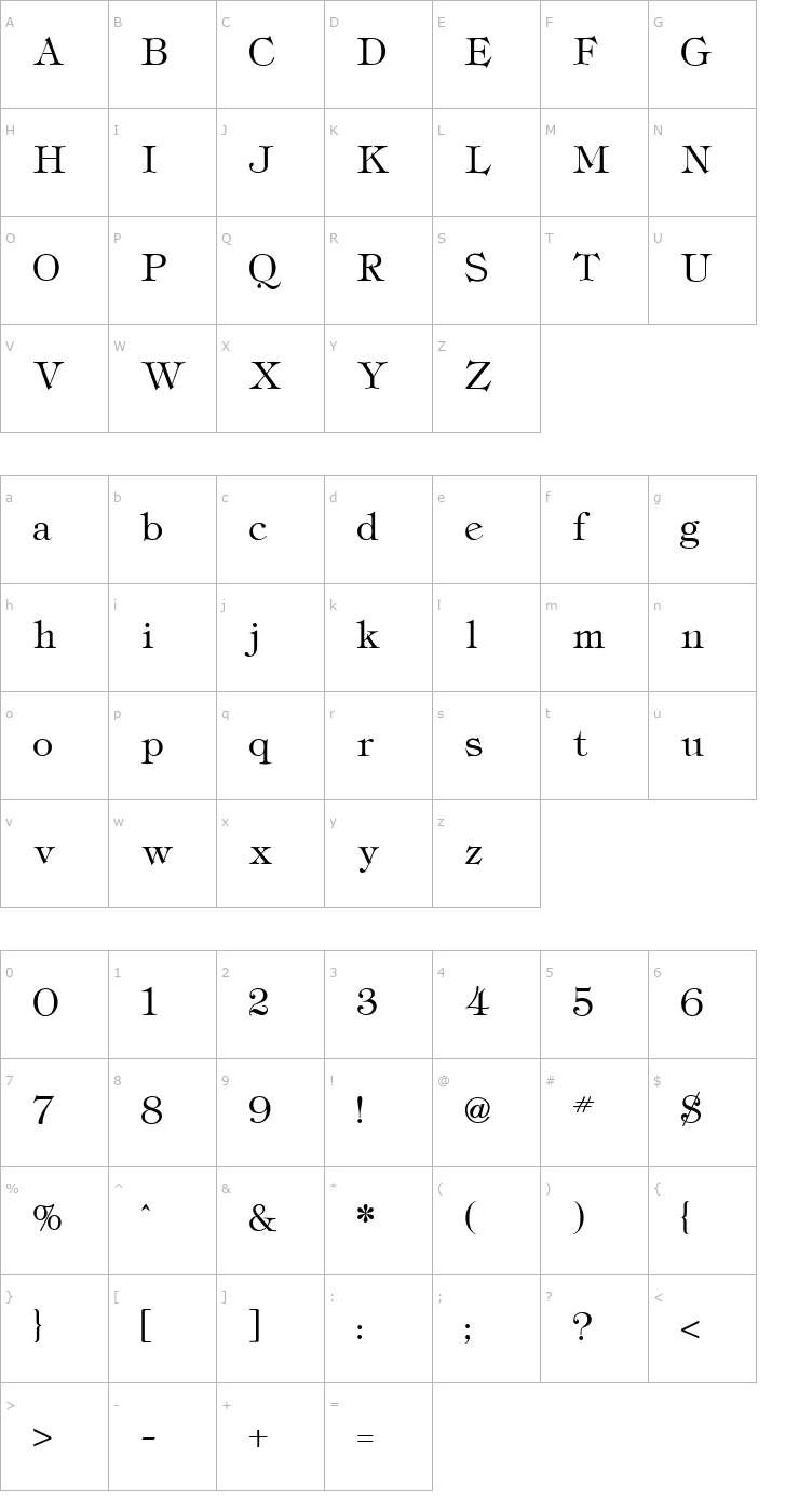 Character Map Tiffany Light Regular Font